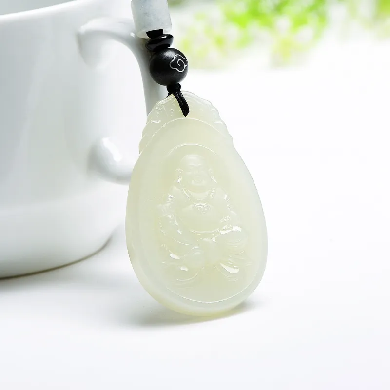 MARY WINDSOR Maitreya Buddha Jade Pendant Happiness In Sight Pale Greenish White Jade Unisex-1