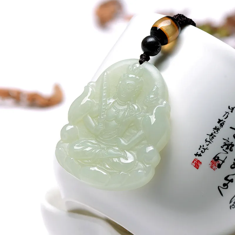 MARY WINDSOR Chinese Zodiac Tiger Guardian Pendant Pale Greenish White Jade Unisex-4