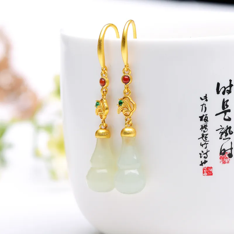 MARY WINDSOR Hetian Jade 3D Effect Gourd Earring Pale Greenish White Jade Women's-1