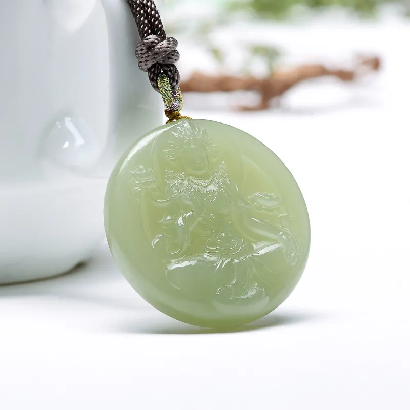 MARY WINDSOR Round Plaque Guanyin Pendant Pale Greenish White Jade Women's-2