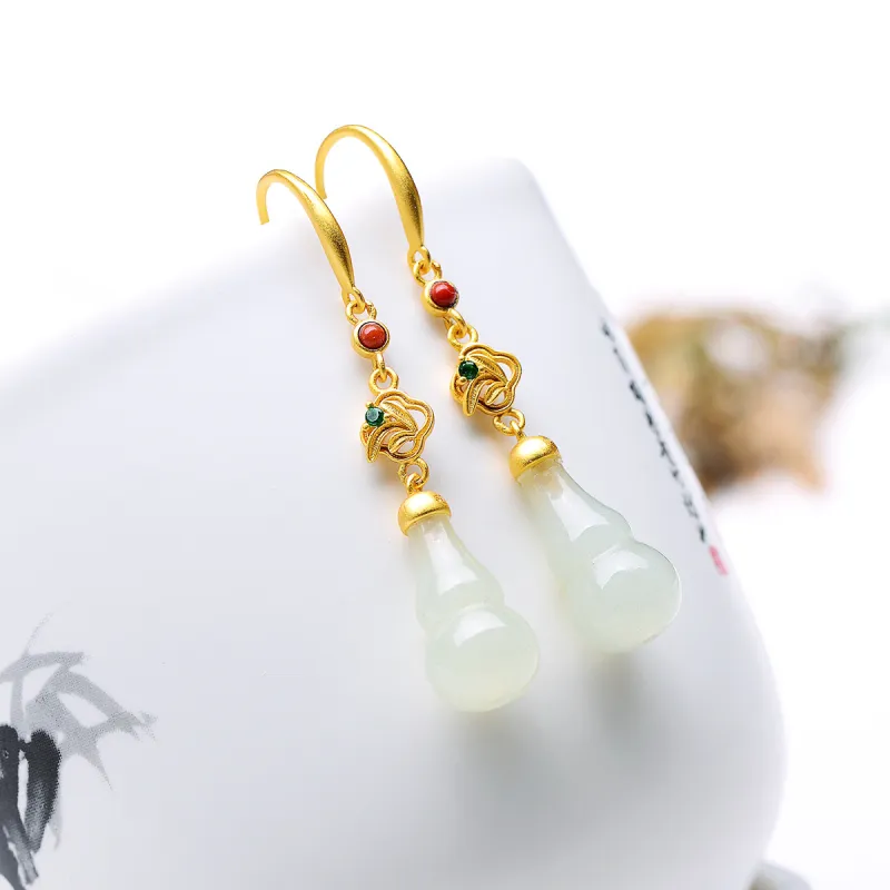 MARY WINDSOR Hetian Jade 3D Effect Gourd Earring Pale Greenish White Jade Women's-3