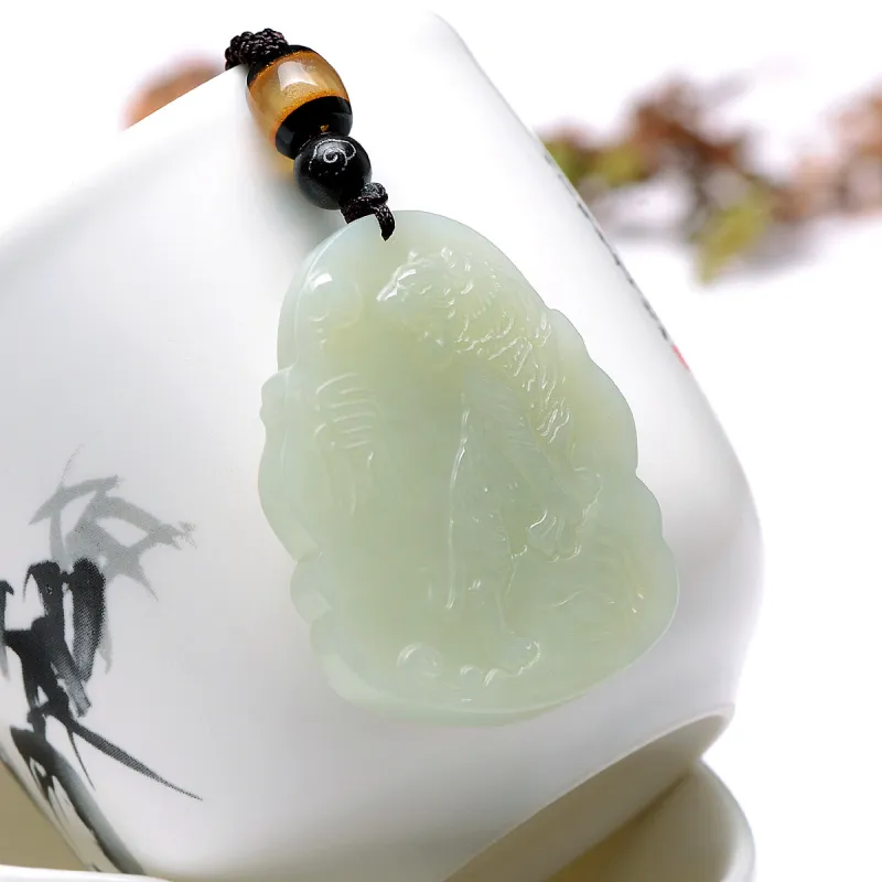 MARY WINDSOR Chinese Zodiac Tiger Guardian Pendant Pale Greenish White Jade Unisex-2