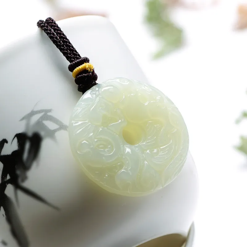 MARY WINDSOR Hetian Jade Dragon And Phoenix Round Plaque Pale Greenish White Jade Unisex-2