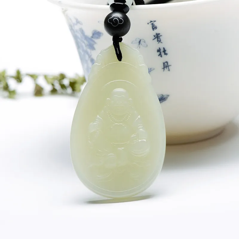 MARY WINDSOR Maitreya Buddha Jade Pendant Happiness In Sight Pale Greenish White Jade Unisex-3
