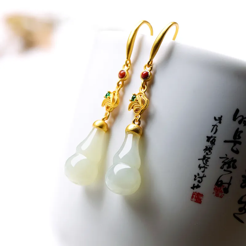MARY WINDSOR Hetian Jade 3D Effect Gourd Earring Pale Greenish White Jade Women's-4