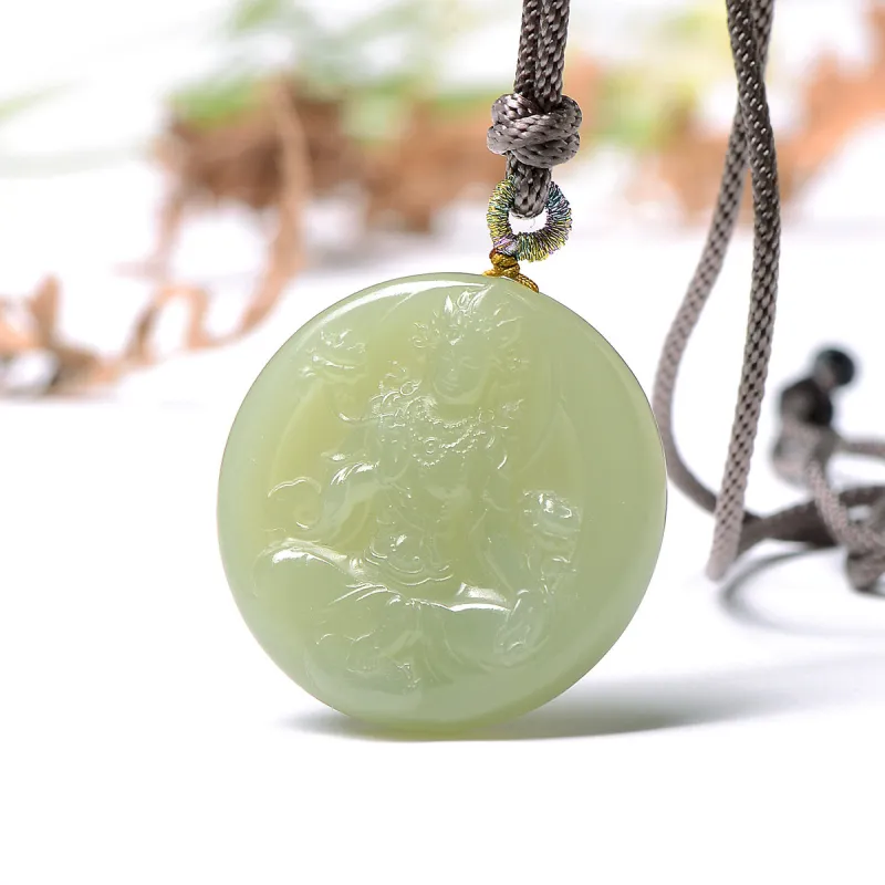 MARY WINDSOR Round Plaque Guanyin Pendant Pale Greenish White Jade Women's-1