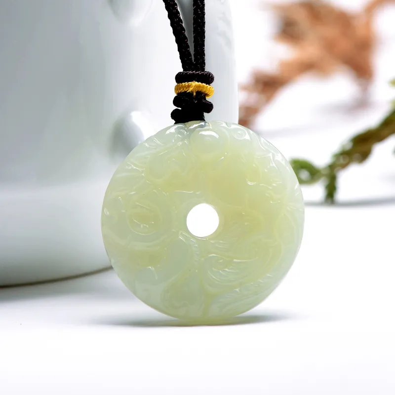 MARY WINDSOR Hetian Jade Dragon And Phoenix Round Plaque Pale Greenish White Jade Unisex-5