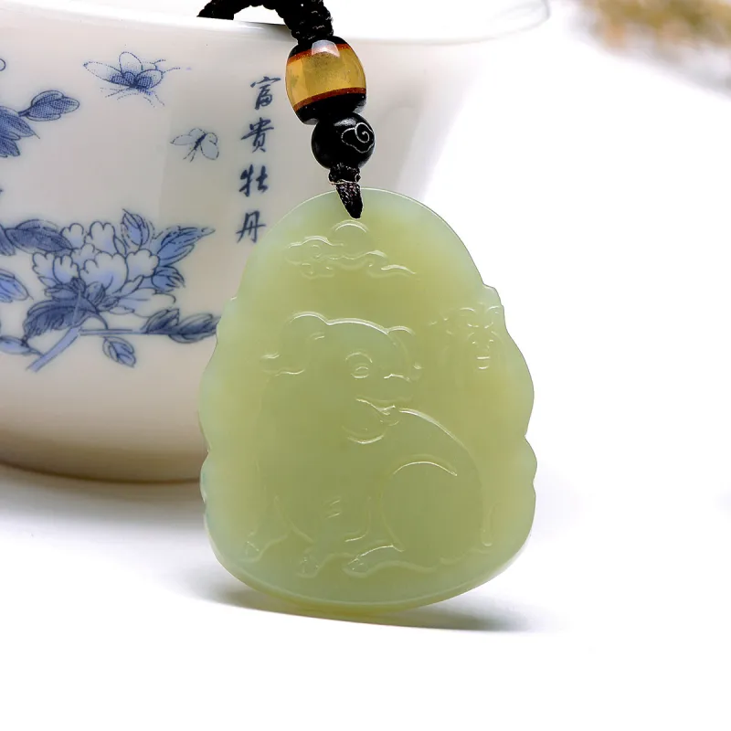 MARY WINDSOR Hetian Jade Chinese Zodiac Pendant Pale Greenish White Jade Unisex-4
