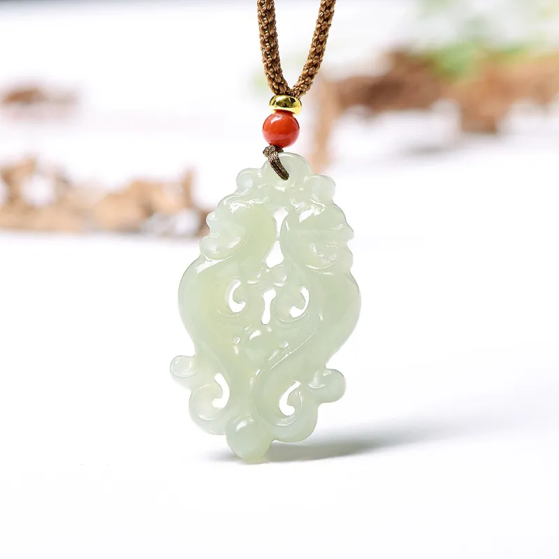 MARY WINDSOR Hetian Jade Double Dragon Plaque Pendant Pale Greenish White Jade Women's-5
