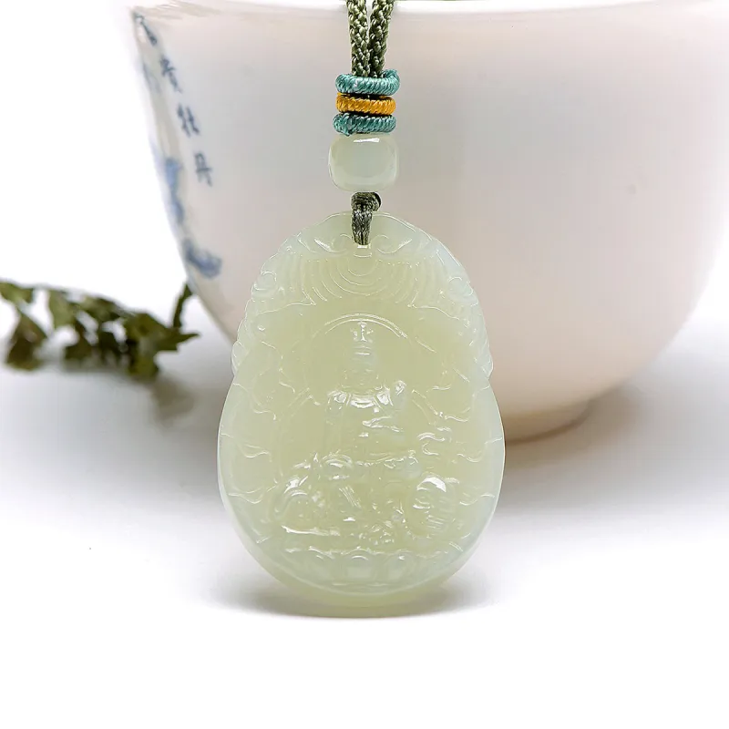 MARY WINDSOR Bodhisattva Of Universal Wisdom Chinese Zodiac Snake Pendant Pale Greenish White Jade Unisex-1
