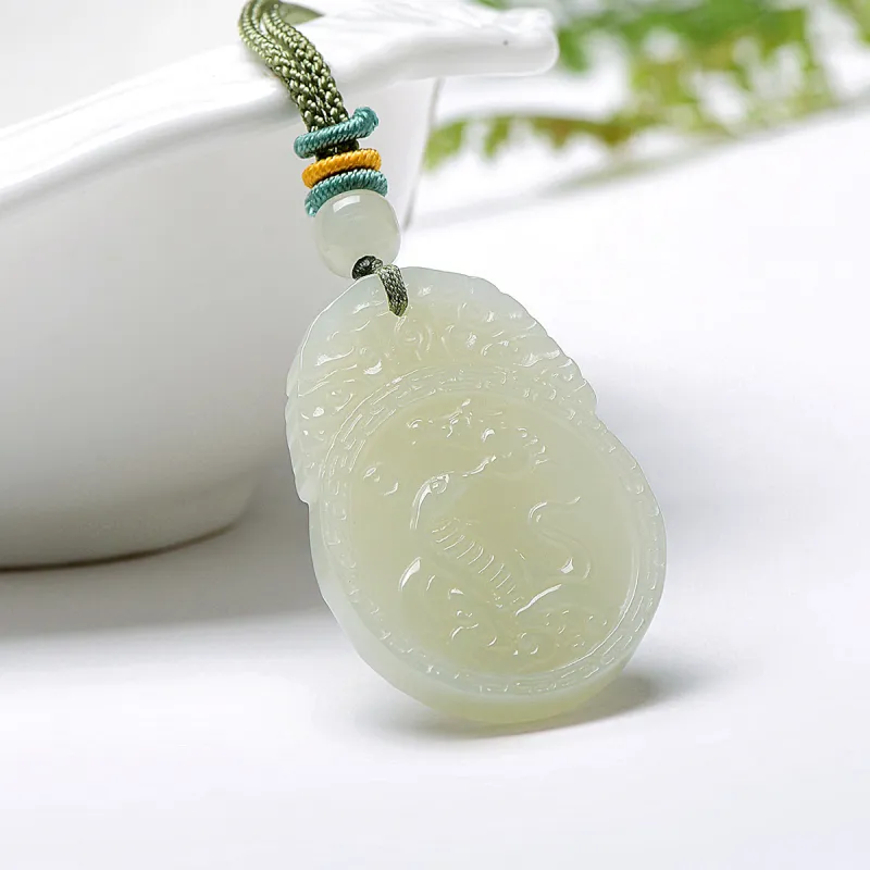 MARY WINDSOR Bodhisattva Of Universal Wisdom Chinese Zodiac Snake Pendant Pale Greenish White Jade Unisex-5