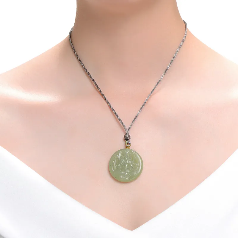 MARY WINDSOR Round Plaque Guanyin Pendant Pale Greenish White Jade Women's-3