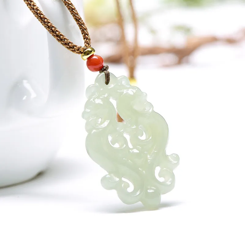MARY WINDSOR Hetian Jade Double Dragon Plaque Pendant Pale Greenish White Jade Women's-2