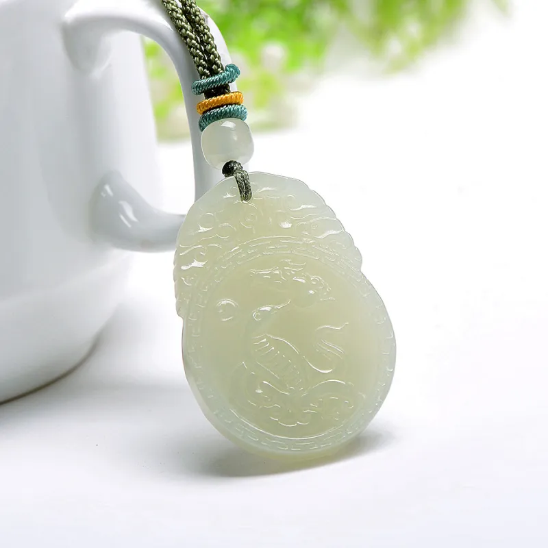 MARY WINDSOR Bodhisattva Of Universal Wisdom Chinese Zodiac Snake Pendant Pale Greenish White Jade Unisex-4
