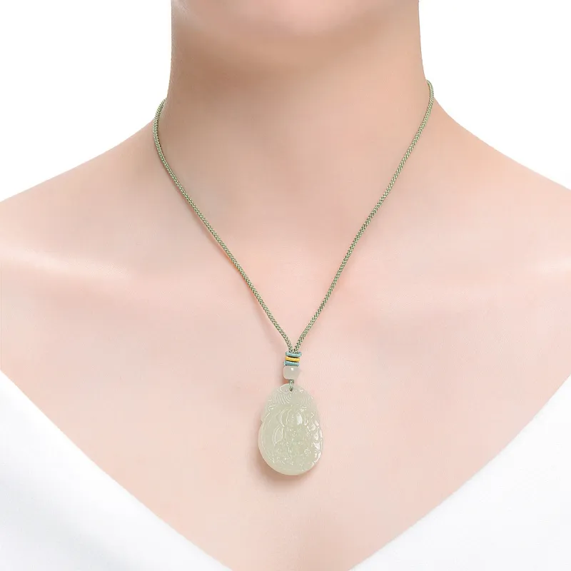 MARY WINDSOR Bodhisattva Of Universal Wisdom Chinese Zodiac Snake Pendant Pale Greenish White Jade Unisex-3