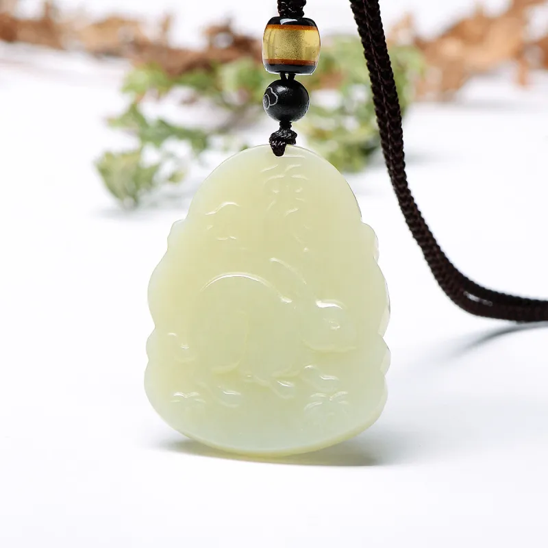 MARY WINDSOR Chinese Zodiac Rabbit Guardian Pendant Pale Greenish White Jade Unisex-1