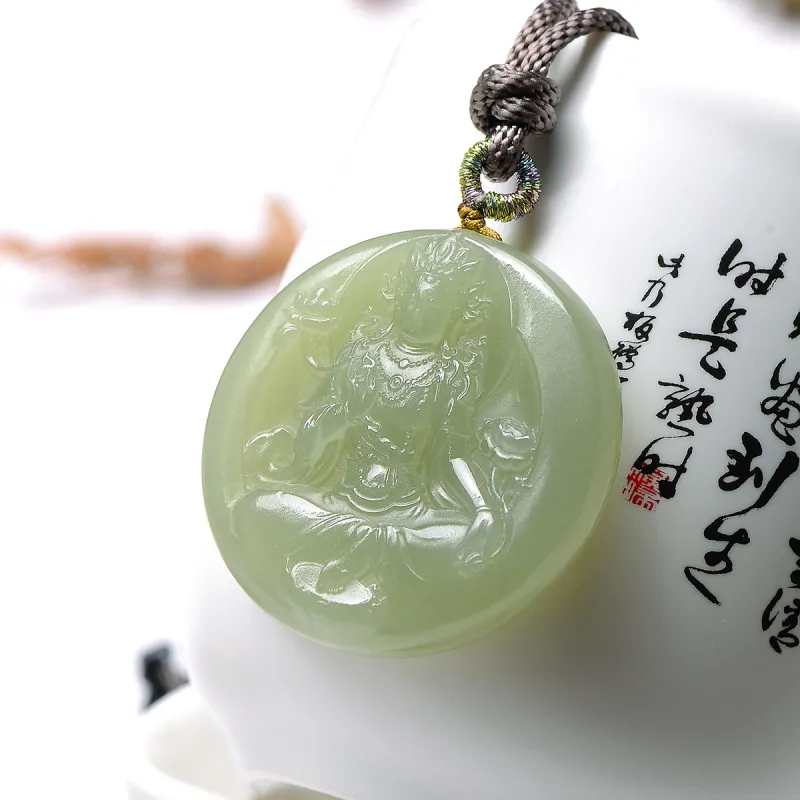 MARY WINDSOR Round Plaque Guanyin Pendant Pale Greenish White Jade Women's-4