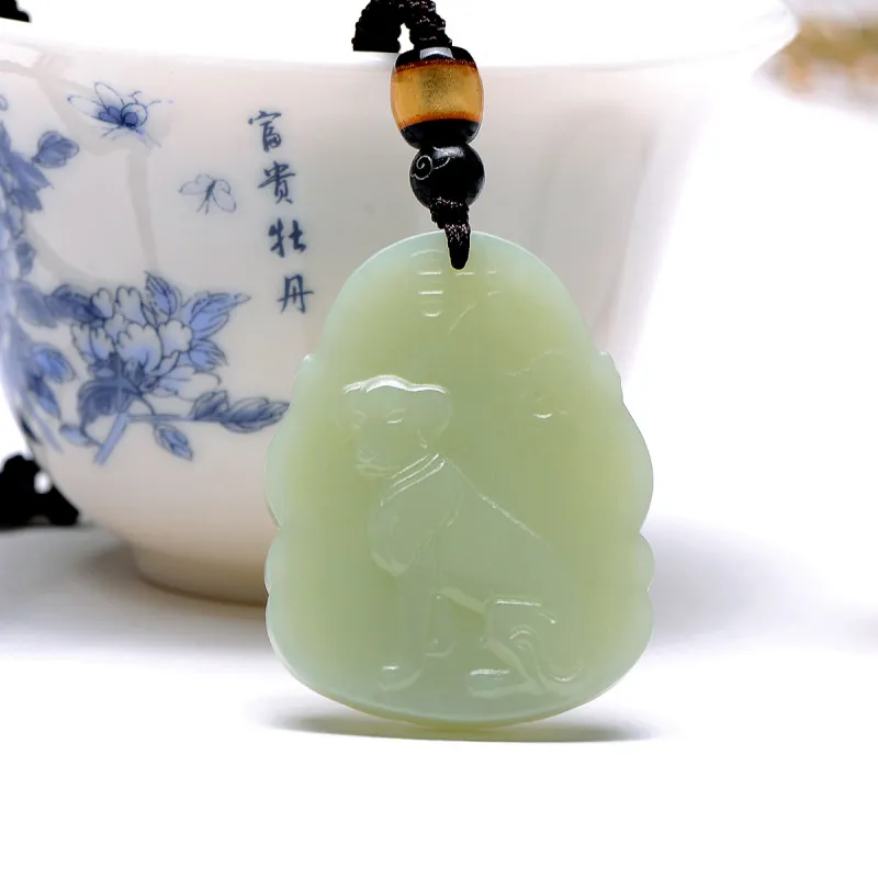 MARY WINDSOR Chinese Zodiac Dog Guardian Pendant Pale Greenish White Jade Unisex-2