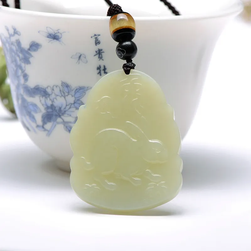 MARY WINDSOR Chinese Zodiac Rabbit Guardian Pendant Pale Greenish White Jade Unisex-4