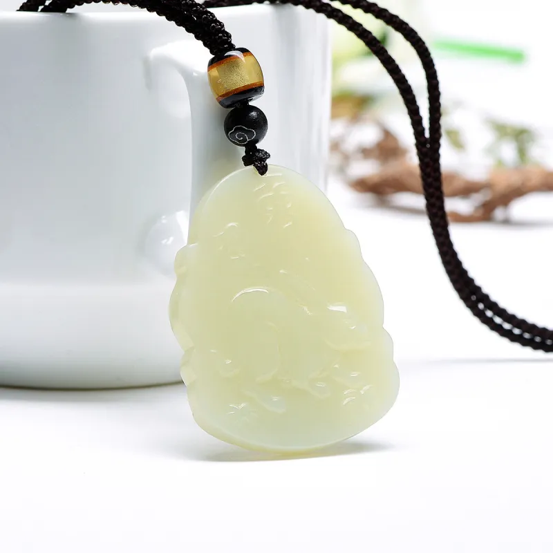 MARY WINDSOR Chinese Zodiac Rabbit Guardian Pendant Pale Greenish White Jade Unisex-5