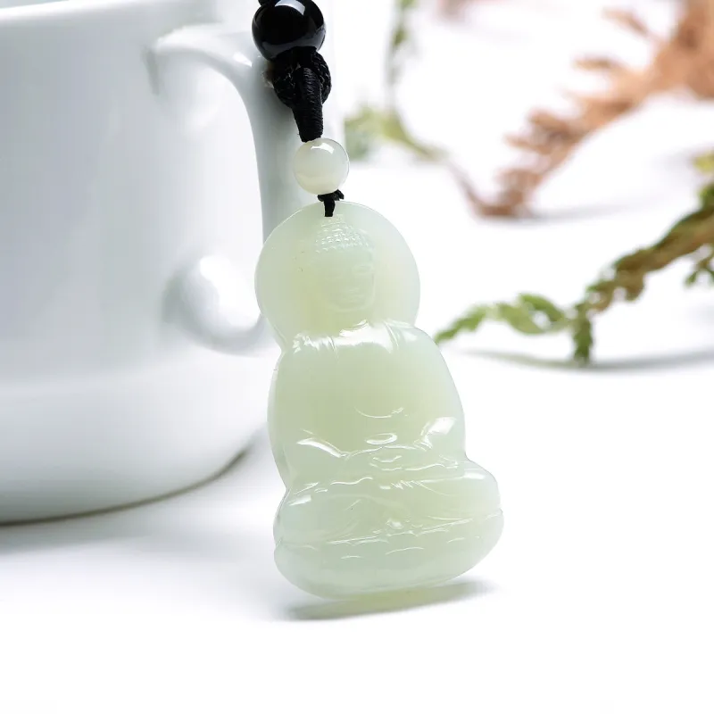 MARY WINDSOR Lotus Guanyin Bodhisattva Jade Pendant Pale Greenish White Jade Unisex-1