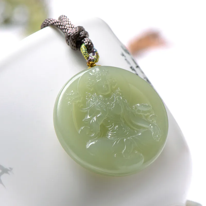 MARY WINDSOR Round Plaque Guanyin Pendant Pale Greenish White Jade Women's-5