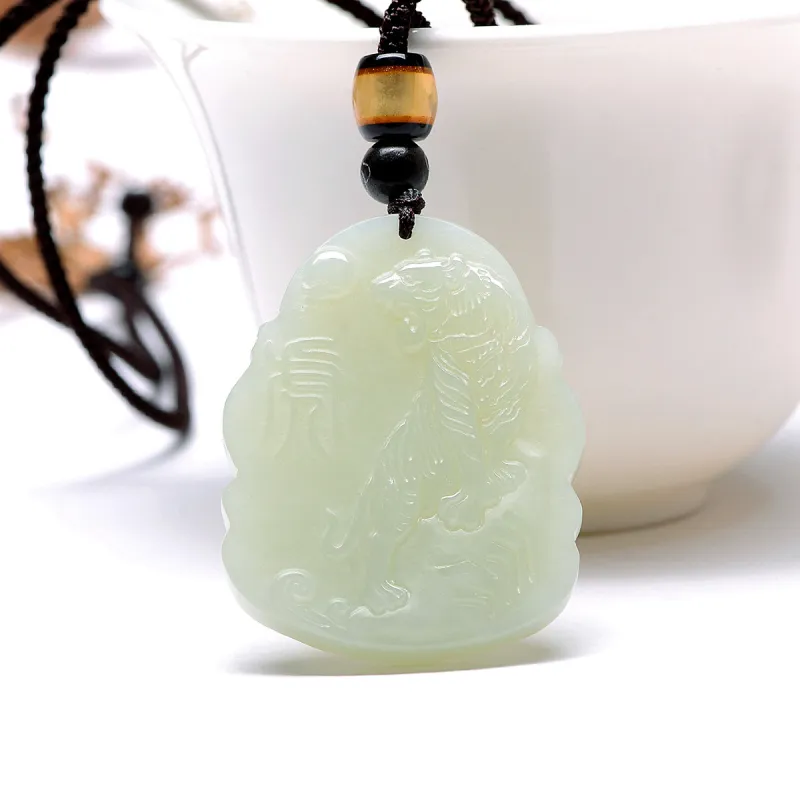 MARY WINDSOR Chinese Zodiac Tiger Guardian Pendant Pale Greenish White Jade Unisex-1