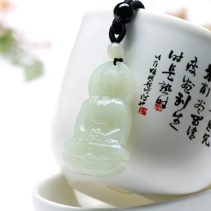 MARY WINDSOR Lotus Guanyin Bodhisattva Jade Pendant Pale Greenish White Jade Unisex-3