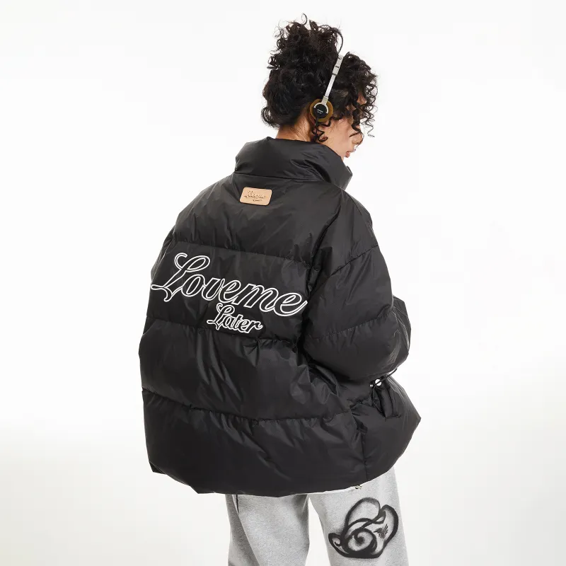 LOVE ME LATER Floral Embroidered Logo Stand Collar Zip Closure Down Jacket Unisex-7