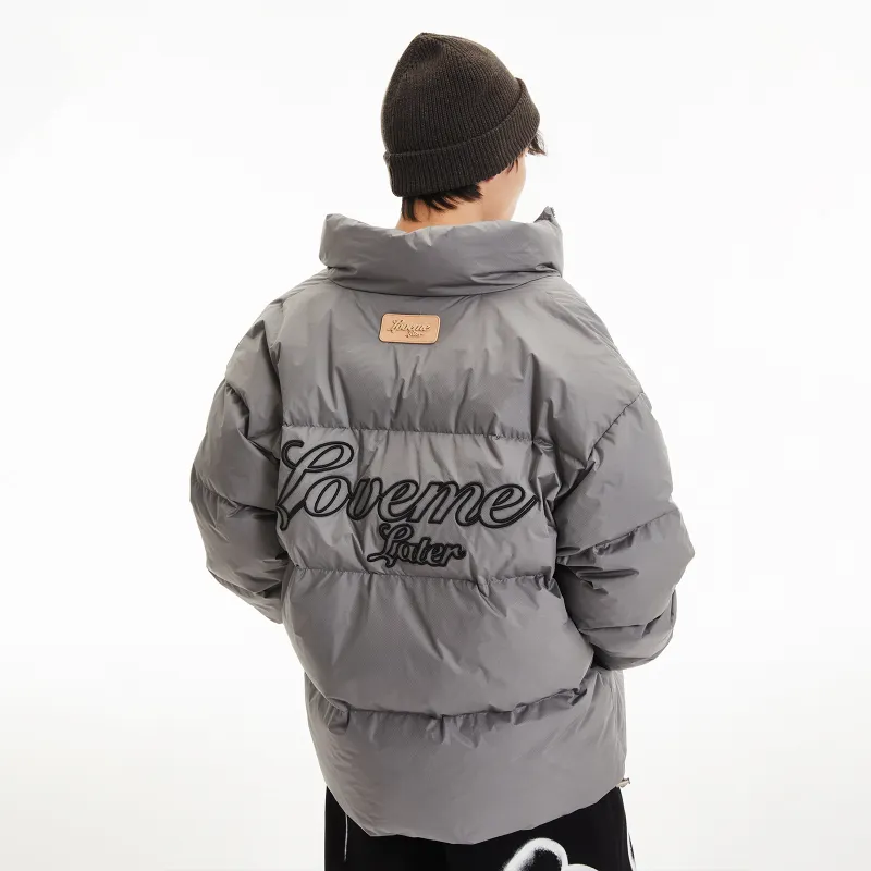 LOVE ME LATER Floral Embroidered Logo Stand Collar Zip Closure Down Jacket Unisex-4