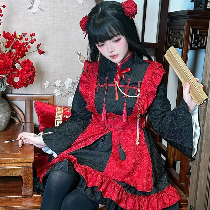 Shuhao Bai Lolita Dresses Women's Black Red With Press Stud-2