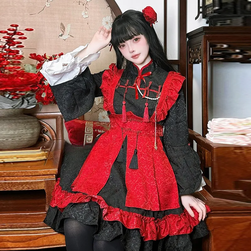 Shuhao Bai Lolita Dresses Women's Black Red With Press Stud-4