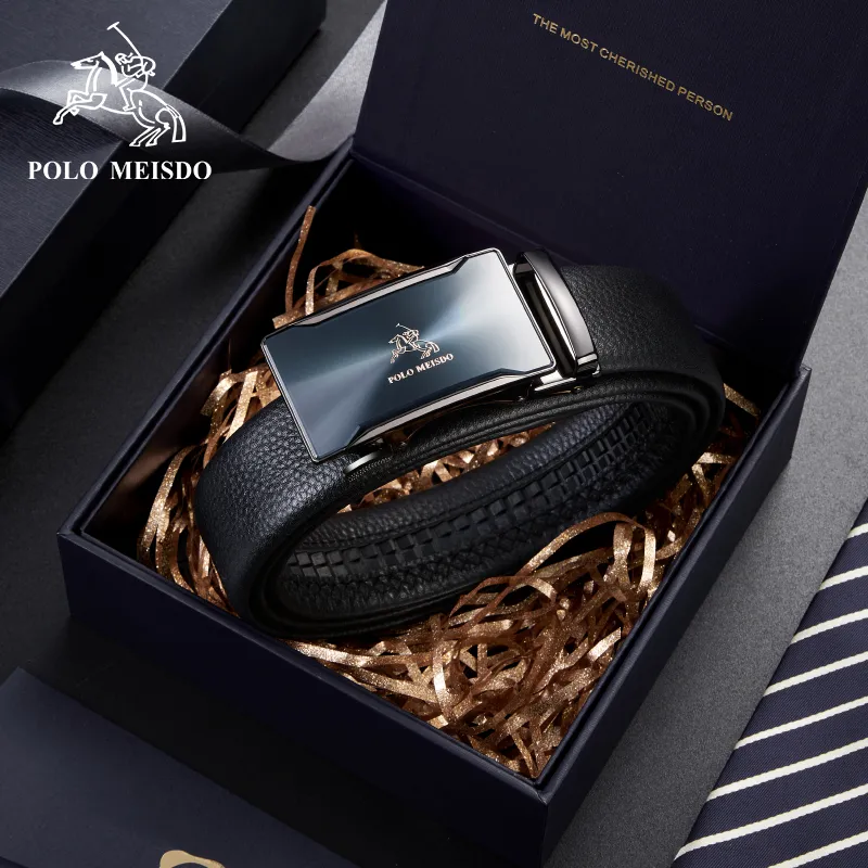 POLOMEISDO Top Grain Cow Leather Shiny Automatic Buckle Belt Leather Belts Men's Width 3.5cm-5