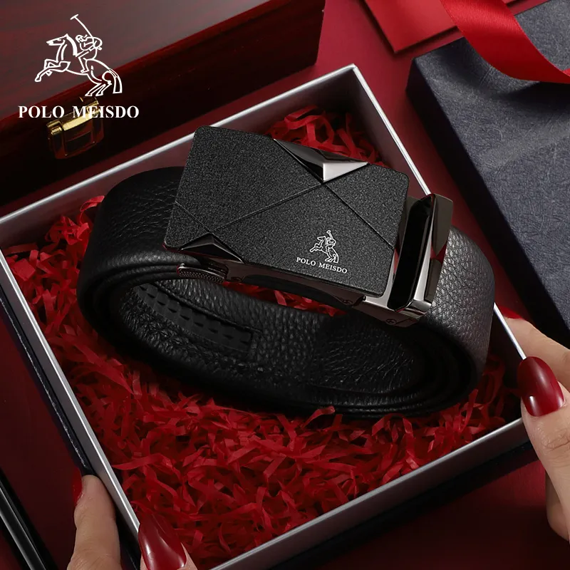 POLOMEISDO Top Grain Cow Leather Brand Belt Premium Business Casual Belt Gift Box Set Men's Gunmetal Width 3.5CM-5