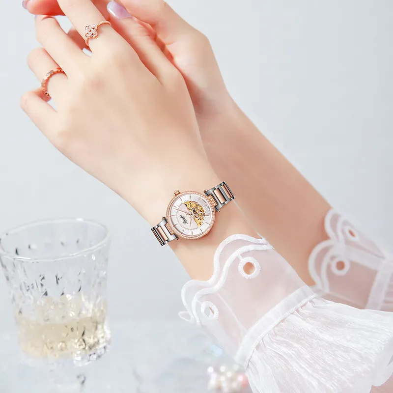 JIUSKO Automatic/Manual Mechanical Movement Stainless Steel Watchband Watch Women's Watch White Dial-2