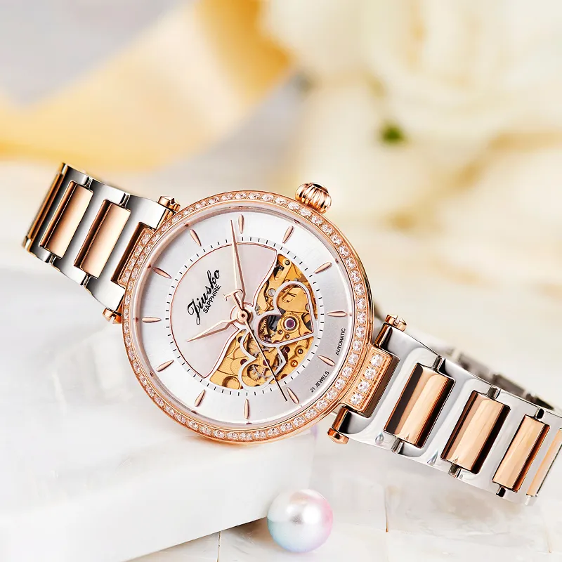 JIUSKO Automatic/Manual Mechanical Movement Stainless Steel Watchband Watch Women's Watch White Dial-3