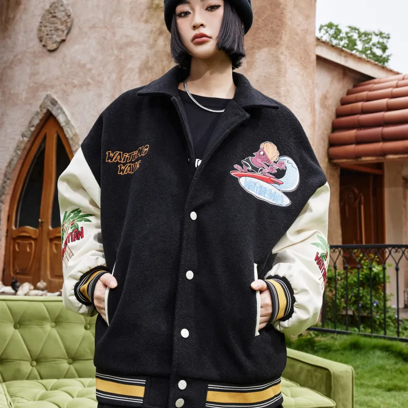 WAITINGWAVE Baseball Jacket Fall Winter Unisex-5