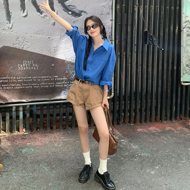 INCO VIBE Casual Suit Women's Blue Shirt/Khaki Shorts-4
