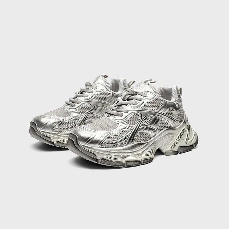 CHIKOKU Mecha Cushioning, Slip Resistant, Abrasion Resistant, Breathable, Support Low Top Chunky Sneakers Unisex Silver-2