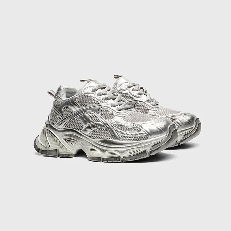CHIKOKU Mecha Cushioning, Slip Resistant, Abrasion Resistant, Breathable, Support Low Top Chunky Sneakers Unisex Silver-1