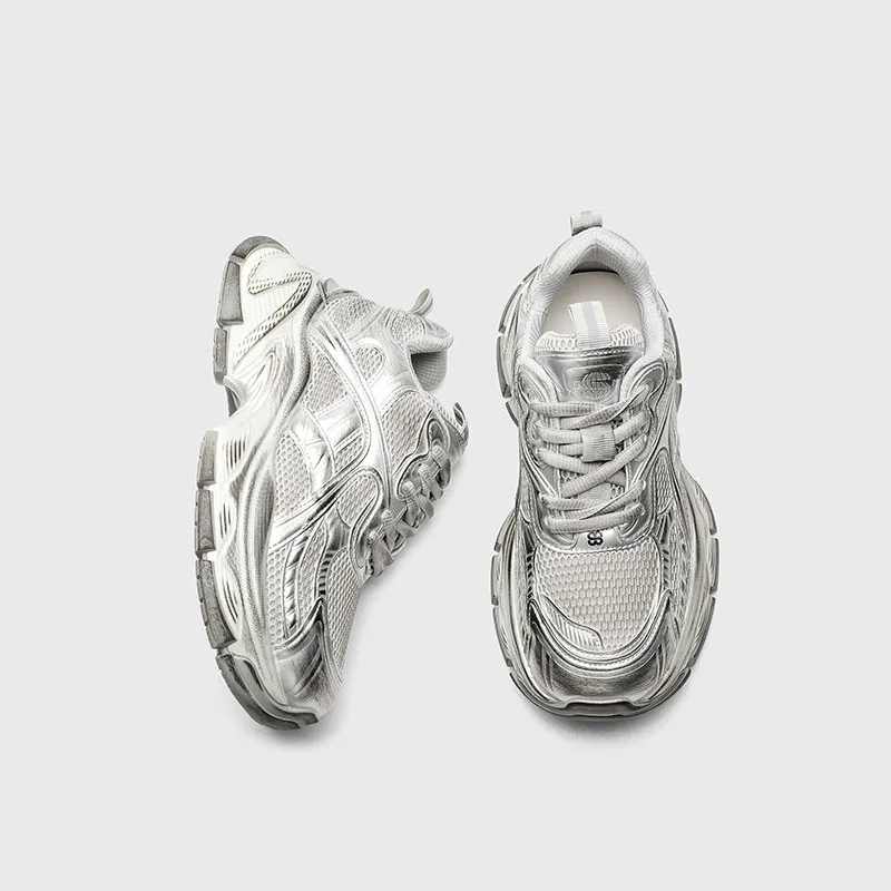 CHIKOKU Mecha Cushioning, Slip Resistant, Abrasion Resistant, Breathable, Support Low Top Chunky Sneakers Unisex Silver-3
