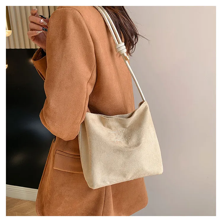Ji Reminiscence Buckskin Velvet Shoulder Bag Regular Women's Black/Khaki/Brown/Green/Burgundy Brown-3