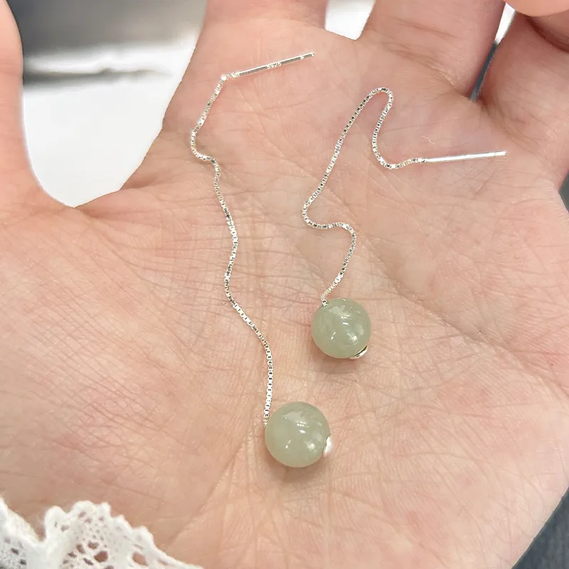 Mini&yaya S925 Silver Hetian Jade Earrings Women's Pale Greenish White Jade-2
