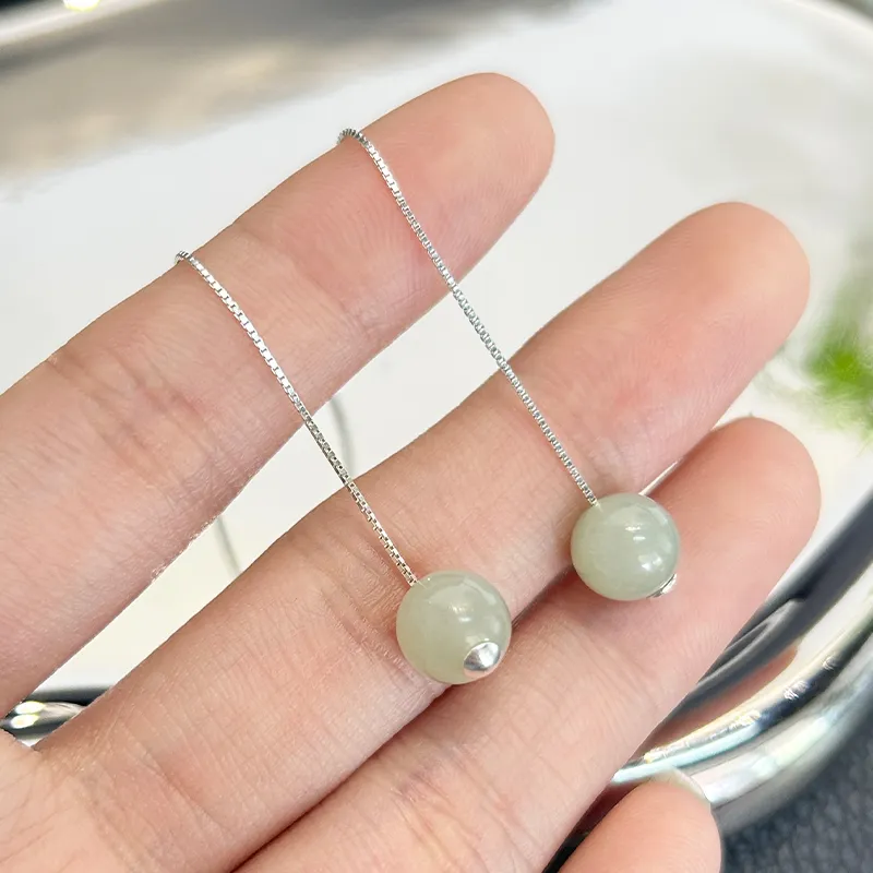 Mini&yaya S925 Silver Hetian Jade Earrings Women's Pale Greenish White Jade-1