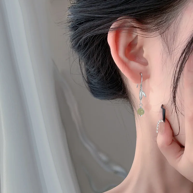 Mini&yaya S999 Fine Silver Hetian Jade Earrings Women's Pale Greenish White Jade-1