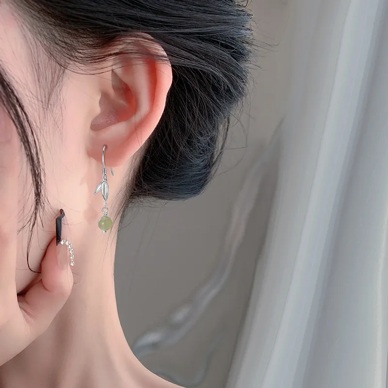 Mini&yaya S999 Fine Silver Hetian Jade Earrings Women's Pale Greenish White Jade-2