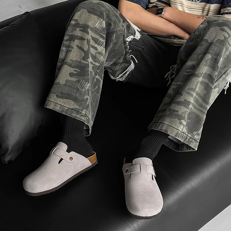 Chi Wolf Rubber Sole Stitching Leather Patchwork Slip Resistant Closed Toe Slippers Men's Yellow-22