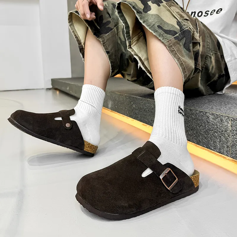 Chi Wolf Rubber Sole Stitching Leather Patchwork Slip Resistant Closed Toe Slippers Men's Yellow-29