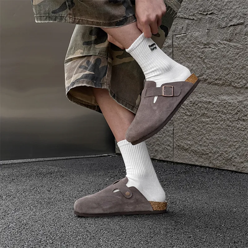 Chi Wolf Rubber Sole Stitching Leather Patchwork Slip Resistant Closed Toe Slippers Men's Yellow-33
