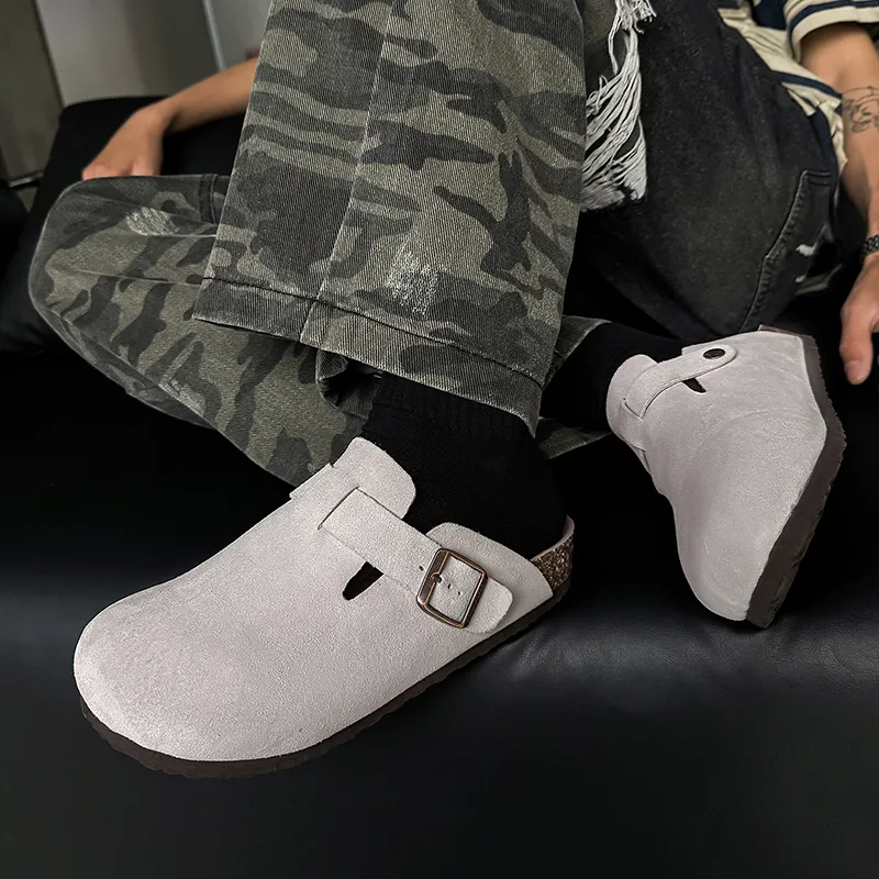 Chi Wolf Rubber Sole Stitching Leather Patchwork Slip Resistant Closed Toe Slippers Men's Yellow-21